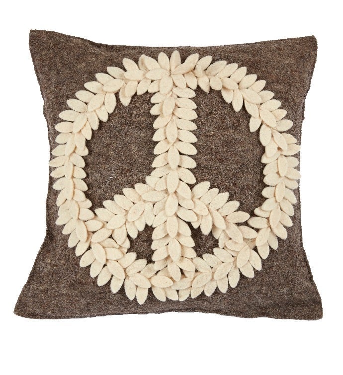 Hand Felted Wool Pillow Cream Peace Sign On Gray  20"